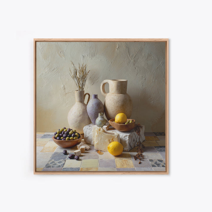 Figs Olives and Cheese Still Life Framed Canvas Print, Mediterranean Art, Printable Art, Living Room Decor, Fine Art, Azure, MAR-1x1-8