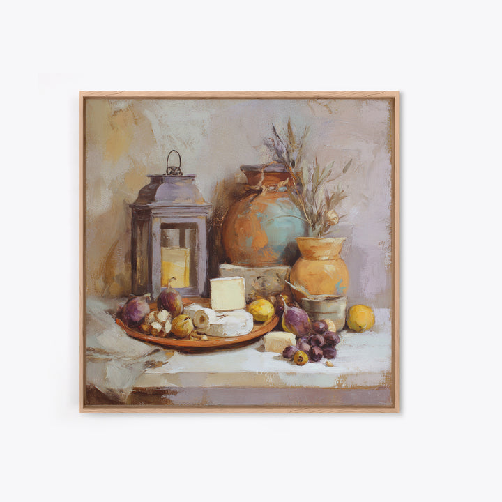 Figs Olives and Cheese Still Life Framed Canvas Print, Mediterranean Art, Wall Decor, Living Room Decor, Fine Art, Azure, MAR-1x1-80