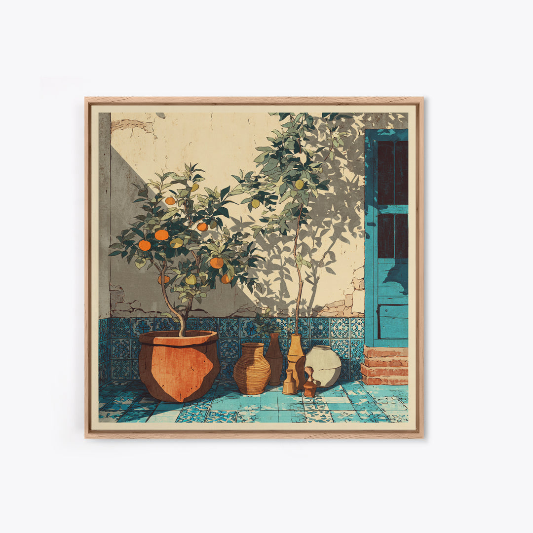 Citrus Tree in Clay Pot Canvas Print, Mediterranean Art, Coastal Wall Decor, Living Room Decor, Oil Painting, Azure, MAR-1x1-82