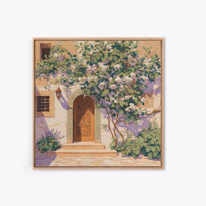 Sunlit Courtyard Doorway Framed Canvas Print, Mediterranean Art, Neutral Decor, Living Room Decor, Oil Painting, Azure, MAR-1x1-83