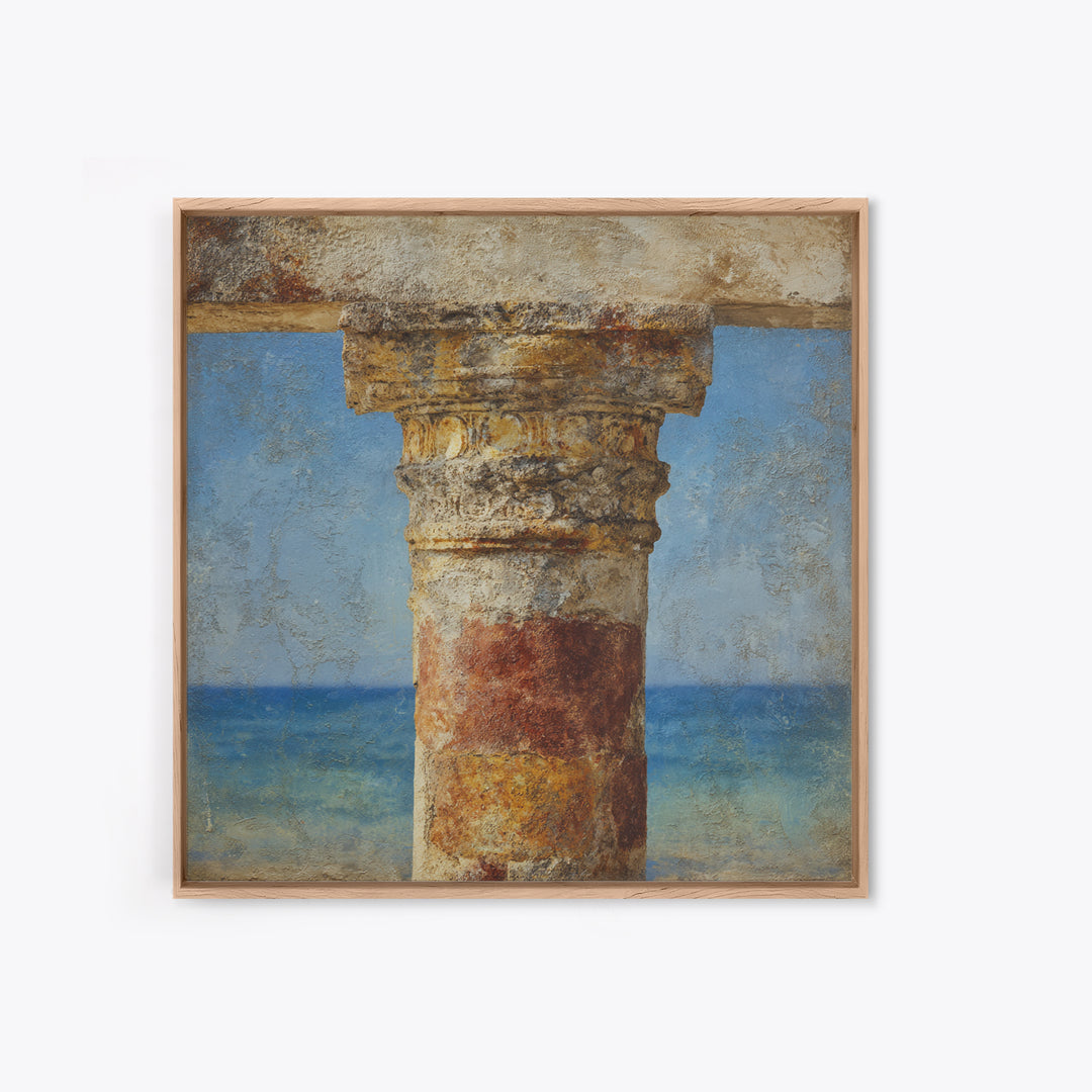 Ancient Column with Sea and Sky Beyond Framed Canvas Print, Mediterranean Art, Downloadable Art, Living Room Decor, MAR-1x1-84