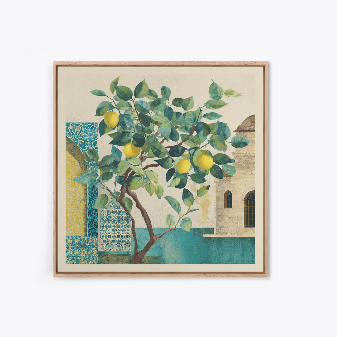 Sicilian Lemon Branch on Ivory Background Canvas Print, Mediterranean Art, Travel Poster, Living Room Decor, Oil Painting, MAR-1x1-85
