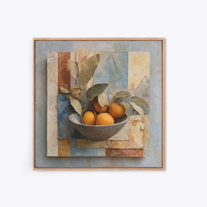 Ceramic Bowl of Oranges and Leaves Framed Canvas Print, Mediterranean Art, Wall Decor, Living Room Decor, Oil Painting, Azure, MAR-1x1-93