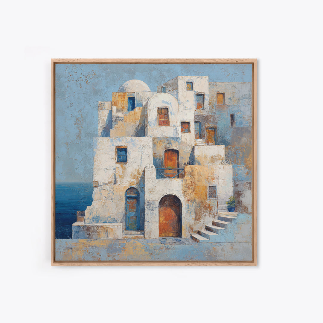 Greek Island White Buildings Above Blue Sea Canvas Print, Mediterranean Art, Luxury Decor, Living Room Decor, Oil Painting, MAR-1x1-97