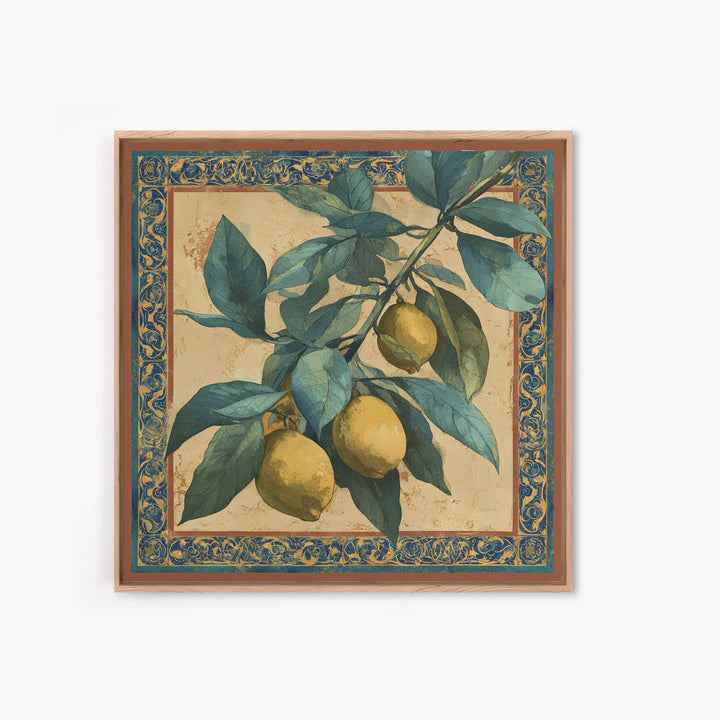 Olive Branch and Lemons on Terracotta Ground Canvas Print, Mediterranean Art, Wall Decor, Living Room Decor, Fine Art, Azure, MAR-1x1-98