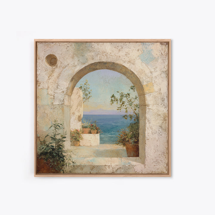 Mediterranean Arch Framing Ocean Horizon Canvas Print, Mediterranean Art, Living Room Decor, Oil Painting, Azure, MAR-1x1-99