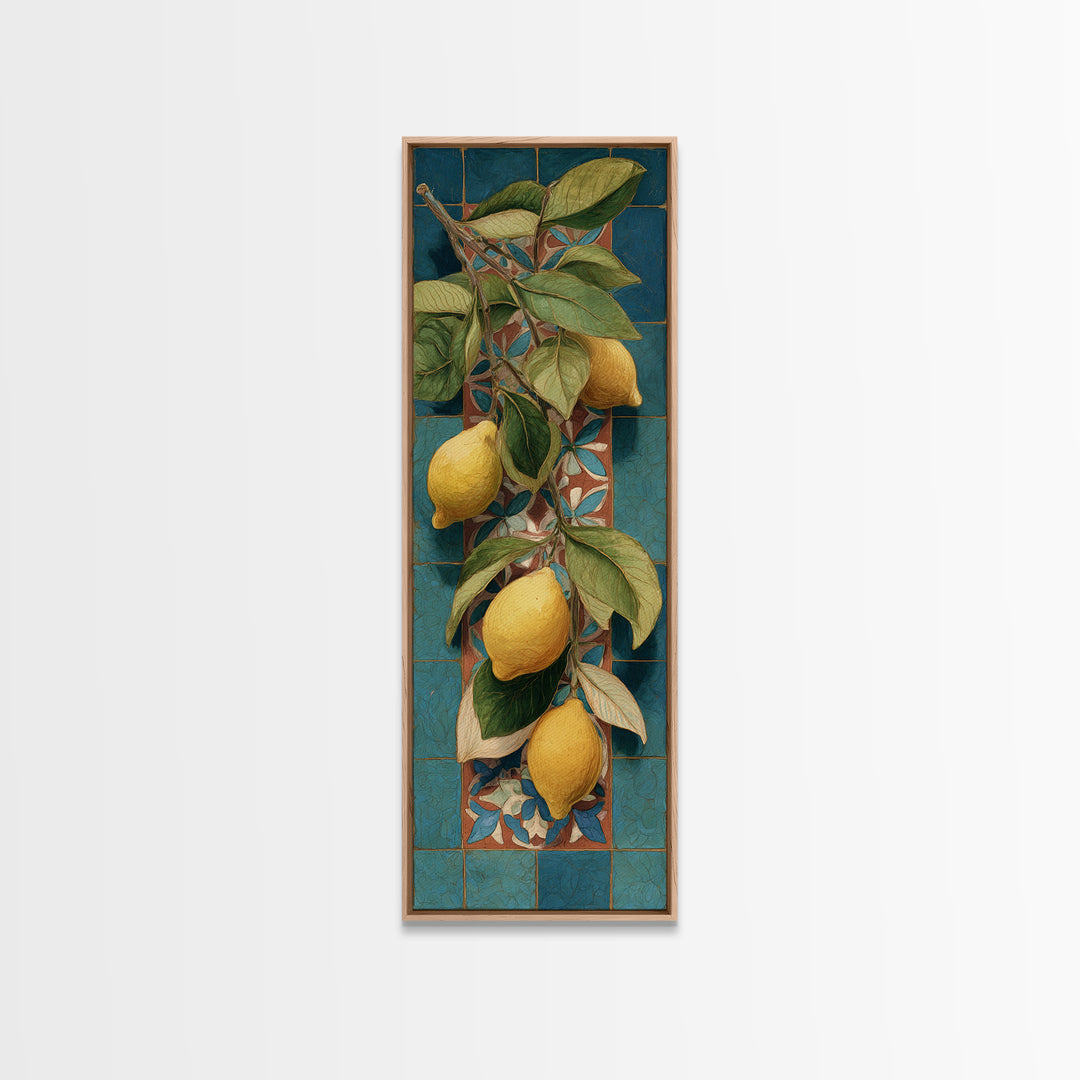 Olive Branch and Lemons on Terracotta Ground Canvas Print, Mediterranean Art, Beach Wall Art, Living Room Decor, Azure, MAR-1x3-14