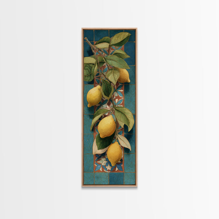 Olive Branch and Lemons on Terracotta Ground Canvas Print, Mediterranean Art, Beach Wall Art, Living Room Decor, Azure, MAR-1x3-14