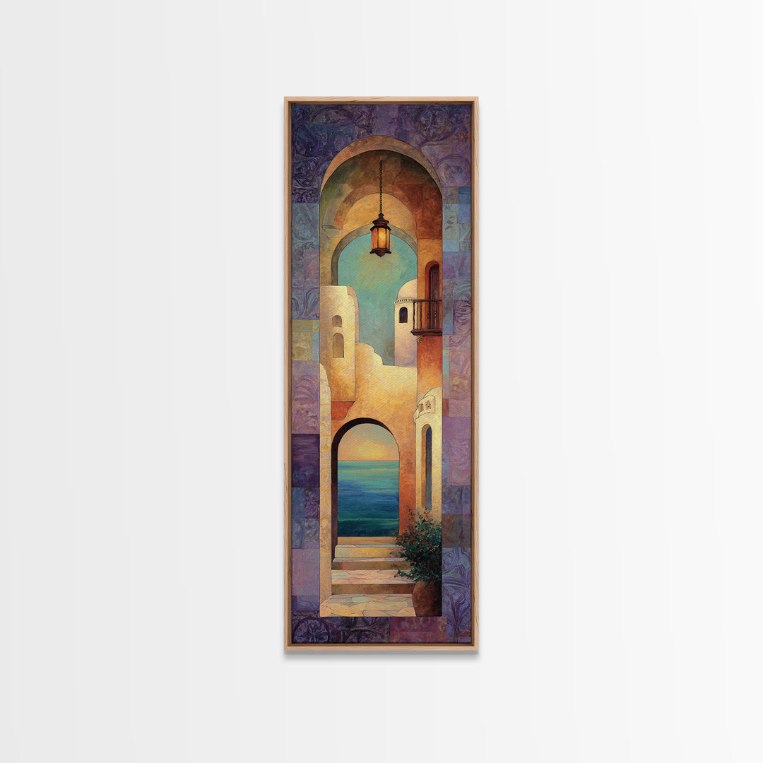 Mediterranean Arch Framing Ocean Horizon Framed Canvas Print, Mediterranean Art, Statement Artwork, Living Room Decor, Azure, MAR-1x3-15