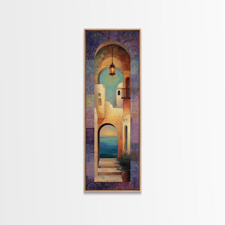 Mediterranean Arch Framing Ocean Horizon Framed Canvas Print, Mediterranean Art, Statement Artwork, Living Room Decor, Azure, MAR-1x3-15