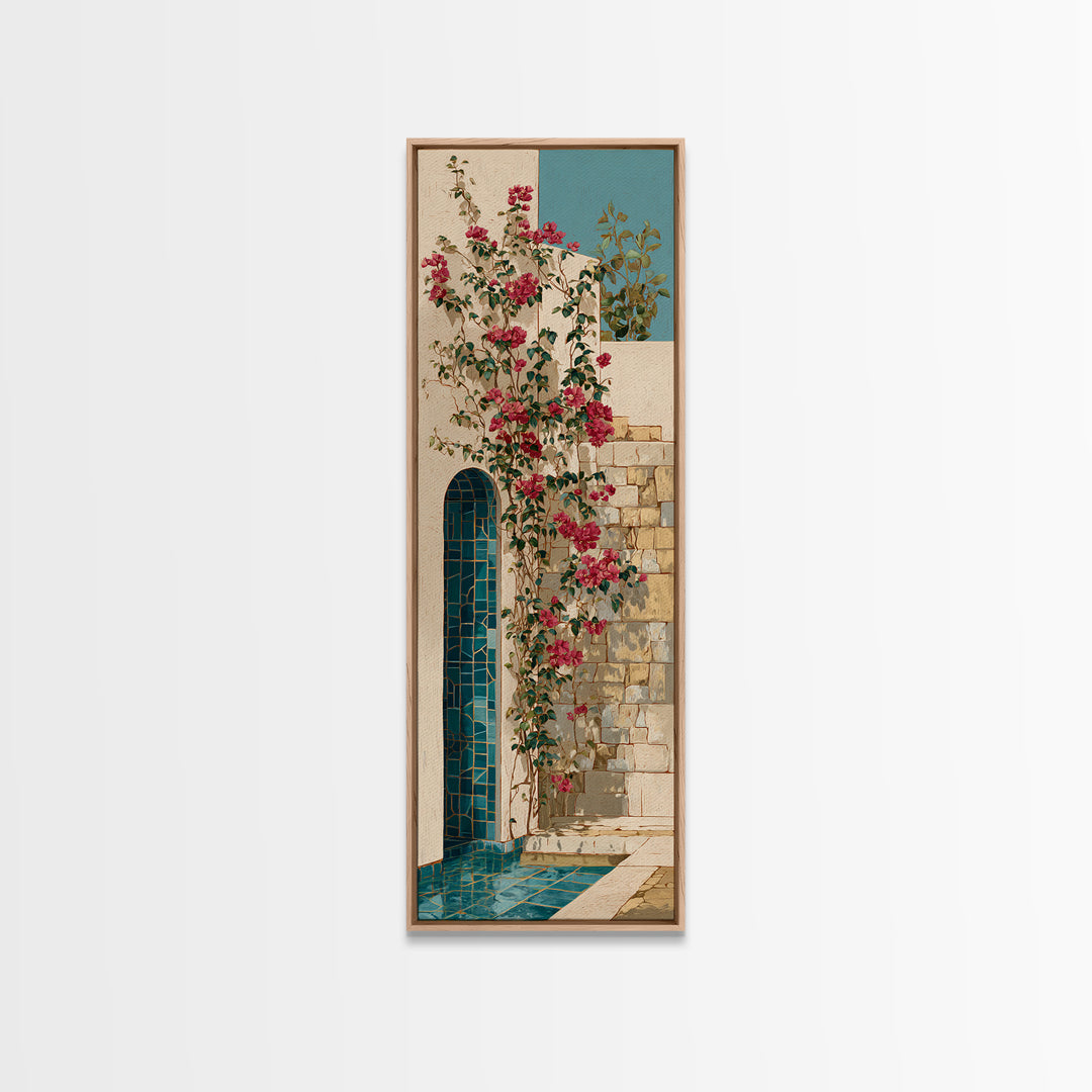 Bougainvillea Cascading over Stone Wall Canvas Print, Mediterranean Art, Modern Decor, Living Room Decor, Fine Art, Azure, MAR-1x3-17