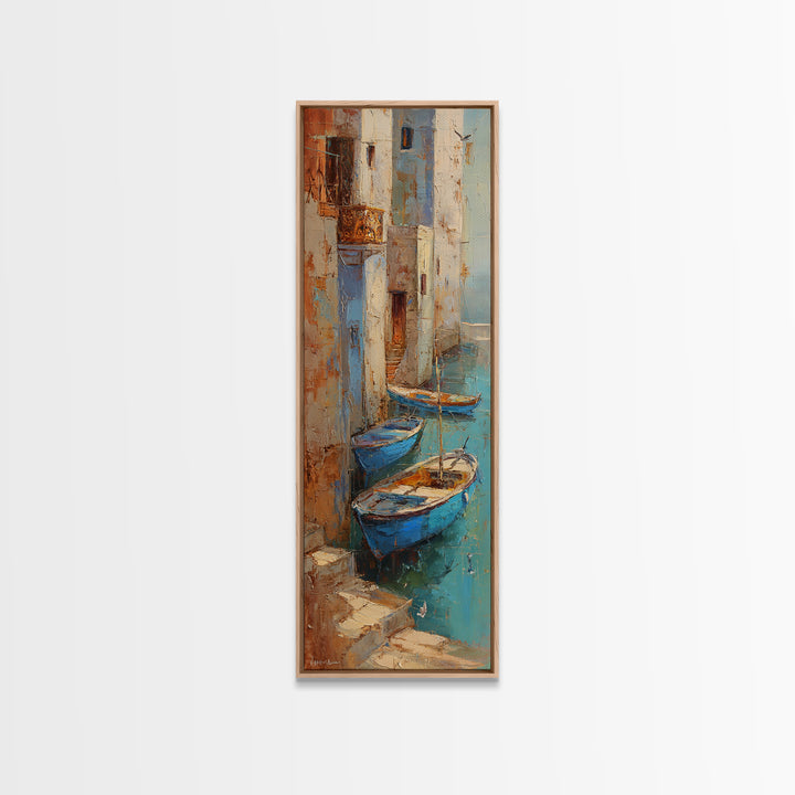 Coastal Fishing Boats Framed Canvas Print, Mediterranean Art, Boho Decor, Living Room Decor, Fine Art, Azure, Digital Wall Art, MAR-1x3-19