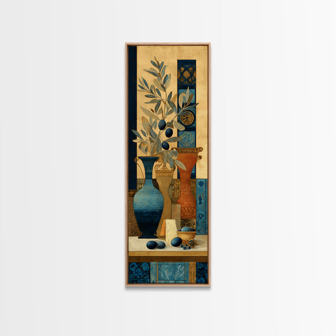 Figs Olives and Cheese Still Life Framed Canvas Print, Mediterranean Art, Travel Poster, Living Room Decor, Fine Art, Azure, MAR-1x3-20