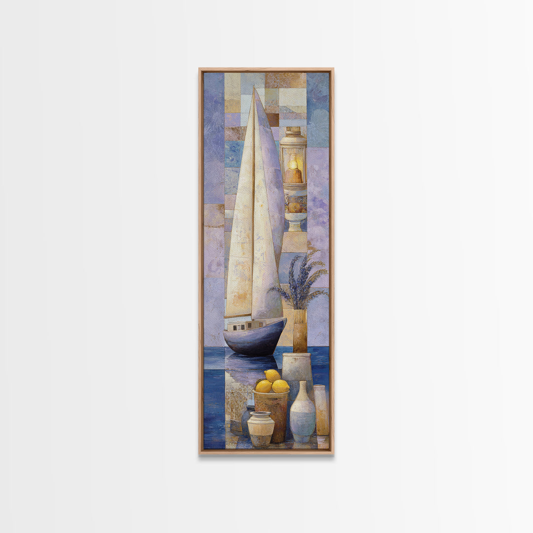 Mediterranean Sailboat on Glassy Water Framed Canvas Print, Mediterranean Art, Coastal Decor, Living Room Decor, Oil Painting, MAR-1x3-30