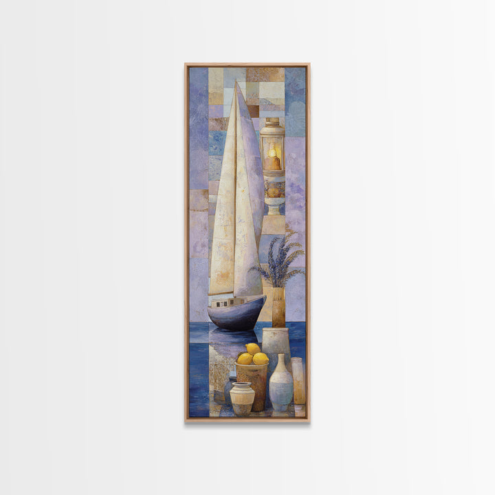 Mediterranean Sailboat on Glassy Water Framed Canvas Print, Mediterranean Art, Coastal Decor, Living Room Decor, Oil Painting, MAR-1x3-30