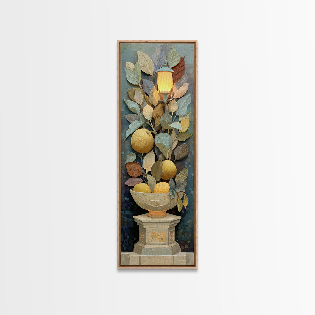 Ceramic Bowl of Oranges and Leaves Canvas Print, Mediterranean Art, Digital Wall Art, Living Room Decor, Fine Art, Azure, MAR-1x3-33