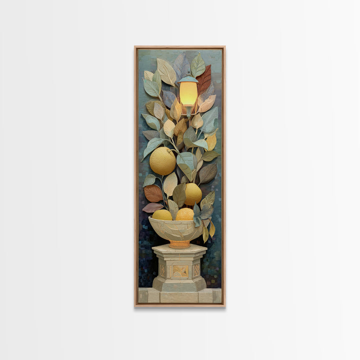 Ceramic Bowl of Oranges and Leaves Canvas Print, Mediterranean Art, Digital Wall Art, Living Room Decor, Fine Art, Azure, MAR-1x3-33