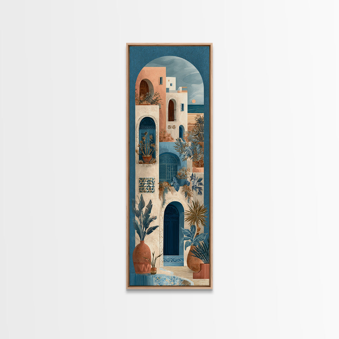 Mediterranean Arch Framing Ocean Horizon Canvas Print, Mediterranean Art, Living Room Decor, Oil Painting, Azure, MAR-1x3-39