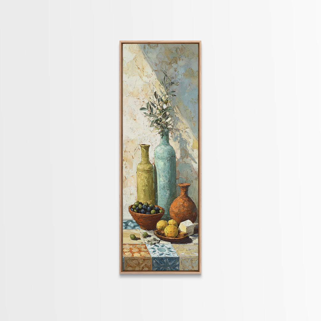 Figs Olives and Cheese Still Life Canvas Print, Mediterranean Art, Statement Artwork, Living Room Decor, Fine Art, Azure, MAR-1x3-44