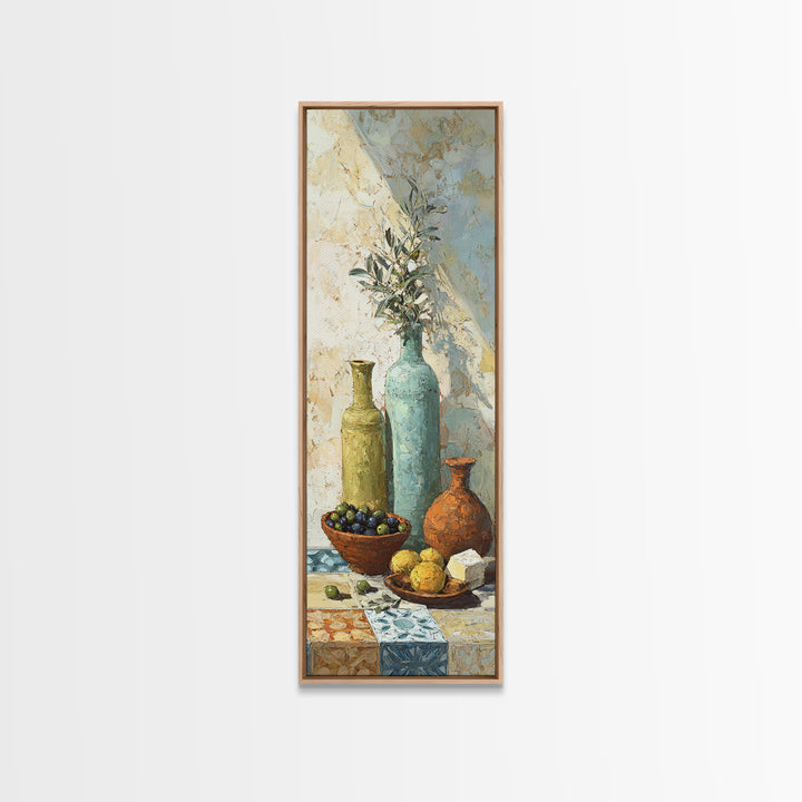 Figs Olives and Cheese Still Life Canvas Print, Mediterranean Art, Statement Artwork, Living Room Decor, Fine Art, Azure, MAR-1x3-44