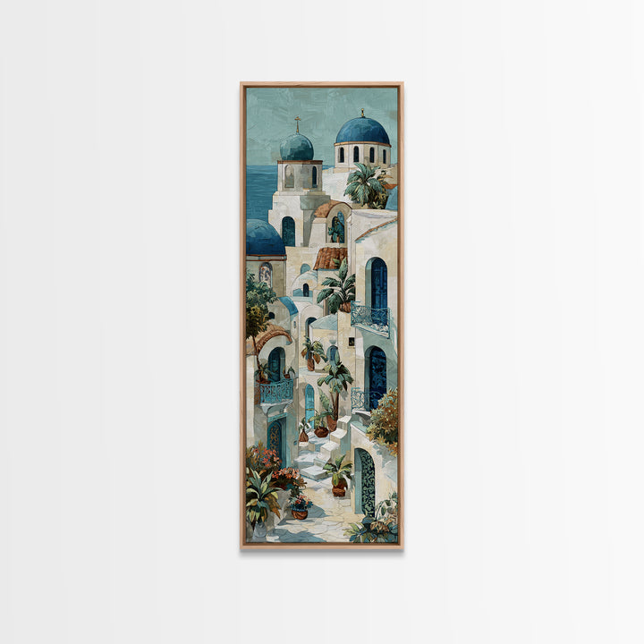 Greek Island White Buildings Above Blue Sea Framed Canvas Print, Mediterranean Art, Modern Decor, Living Room Decor, Azure, MAR-1x3-61