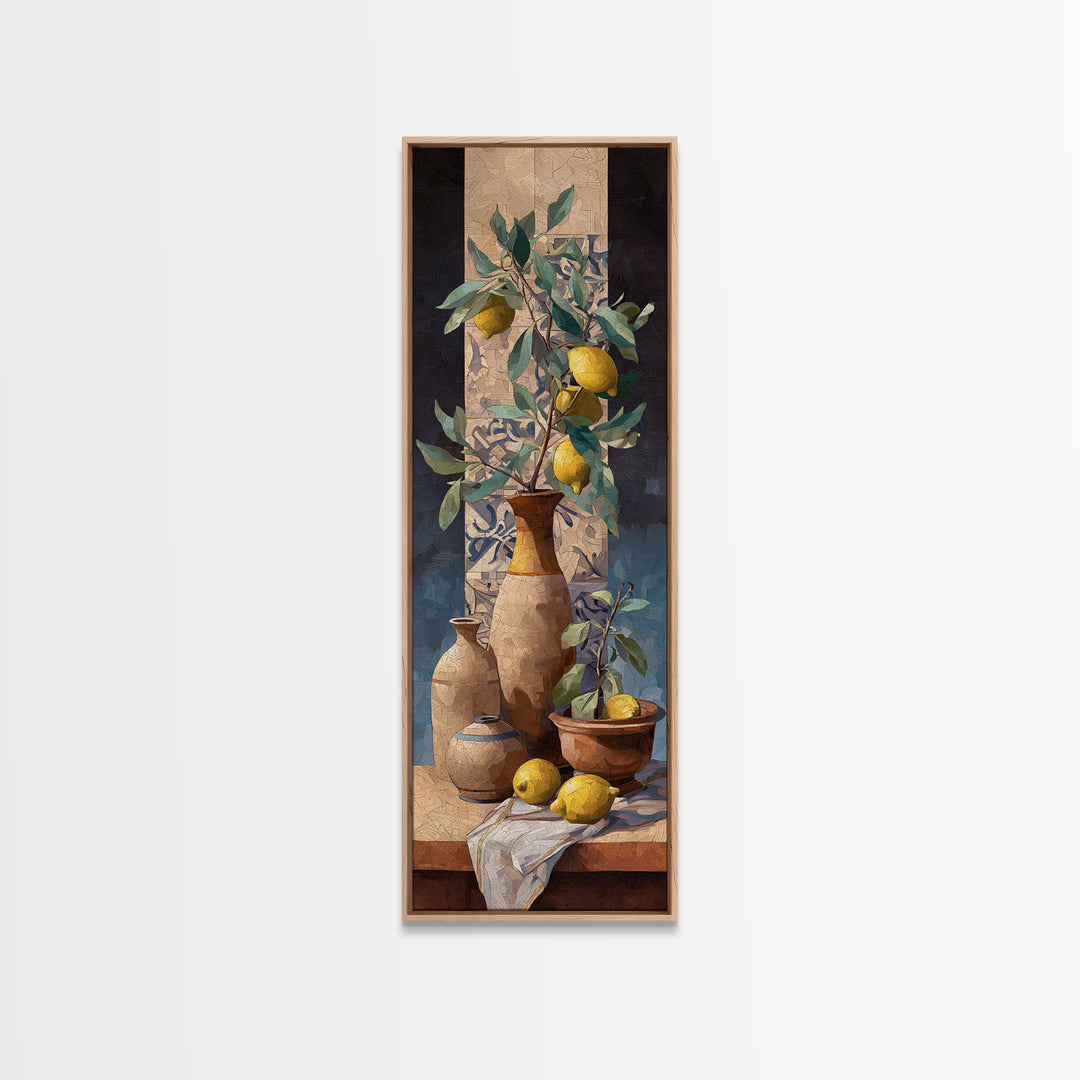 Olive Branch and Lemons on Terracotta Ground Canvas Print, Mediterranean Art, Beach Prints, Living Room Decor, Azure, MAR-1x3-62