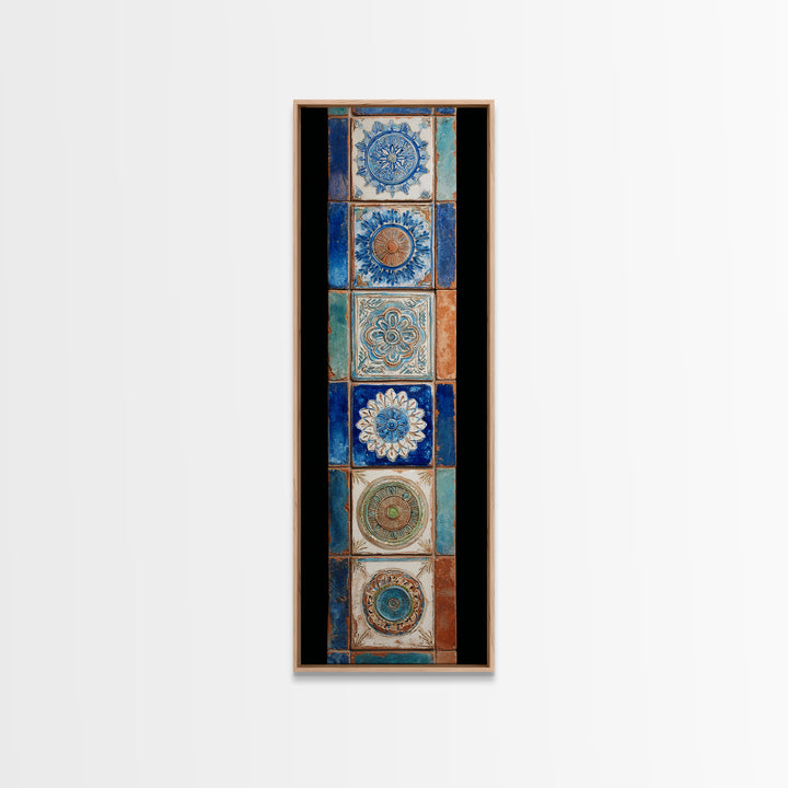 Blue and White Tile Pattern Framed Canvas Print, Mediterranean Art, Printable Wall Art, Living Room Decor, Fine Art, Azure, MAR-1x3-64