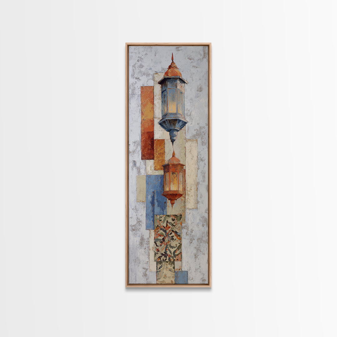 Moroccan Influenced Lantern Framed Canvas Print, Mediterranean Art, Travel Poster, Living Room Decor, Oil Painting, Azure, MAR-1x3-69
