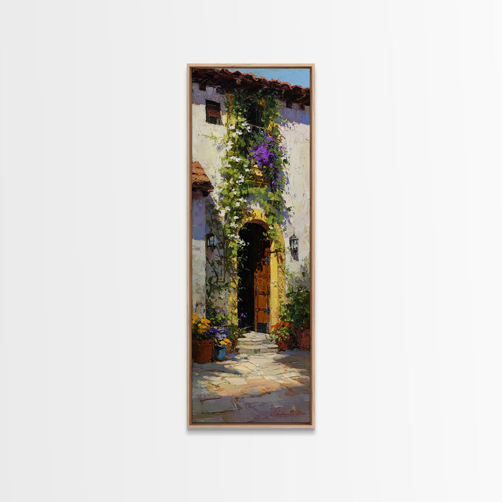 Sunlit Courtyard Doorway Framed Canvas Print, Mediterranean Art, Farmhouse Decor, Living Room Decor, Fine Art, Azure, MAR-1x3-71