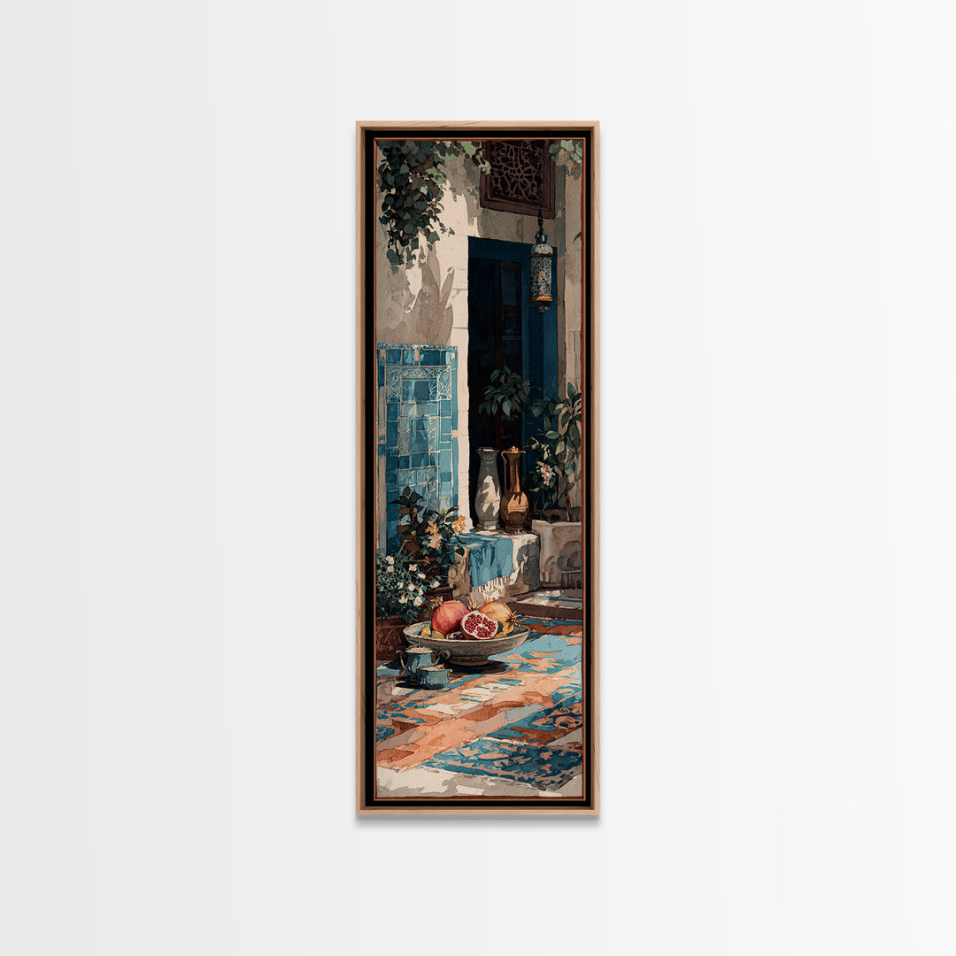 Pomegranate Still Life Framed Canvas Print, Mediterranean Art, Framed Wall Art, Living Room Decor, Azure, Watercolor Art, MAR-1x3-79