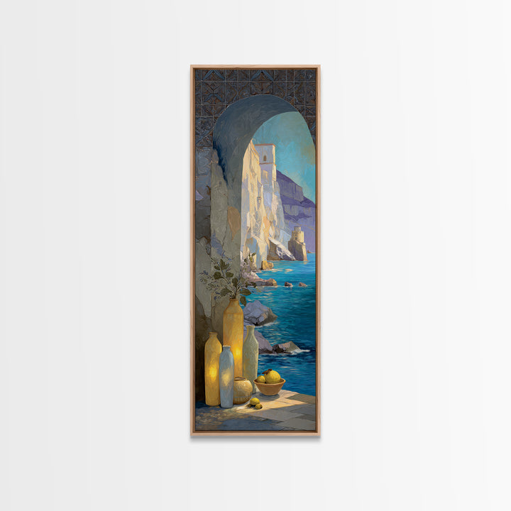 Coastal Cliffs with Sparkling Blue Water Framed Canvas Print, Mediterranean Art, Beach Prints, Living Room Decor, Azure, MAR-1x3-8