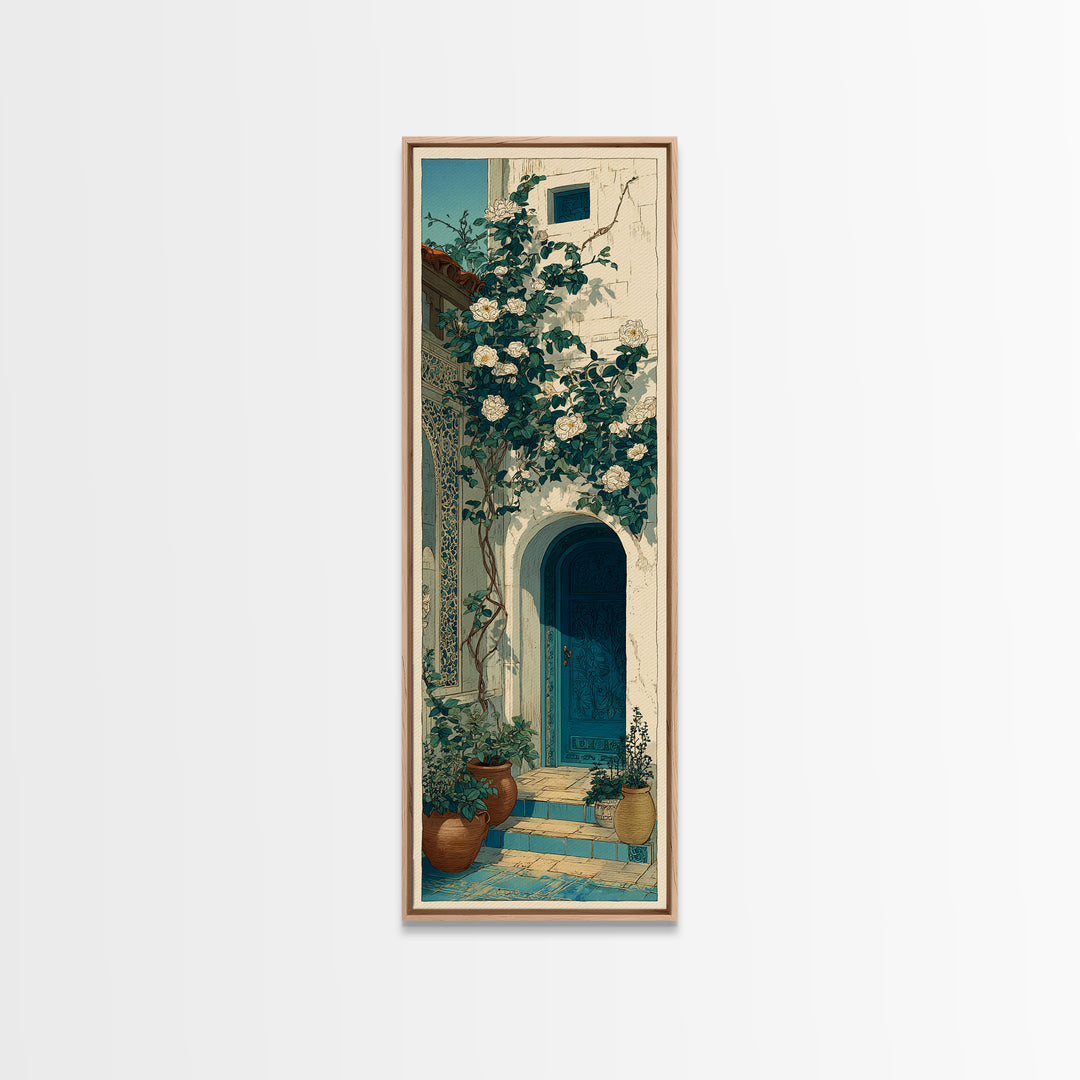 Sunlit Courtyard Doorway Canvas Print, Mediterranean Art, Nautical Decor, Living Room Decor, Oil Painting, Azure, MAR-1x3-95
