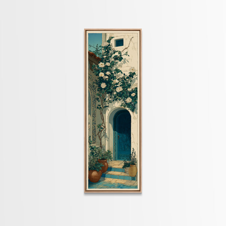 Sunlit Courtyard Doorway Canvas Print, Mediterranean Art, Nautical Decor, Living Room Decor, Oil Painting, Azure, MAR-1x3-95