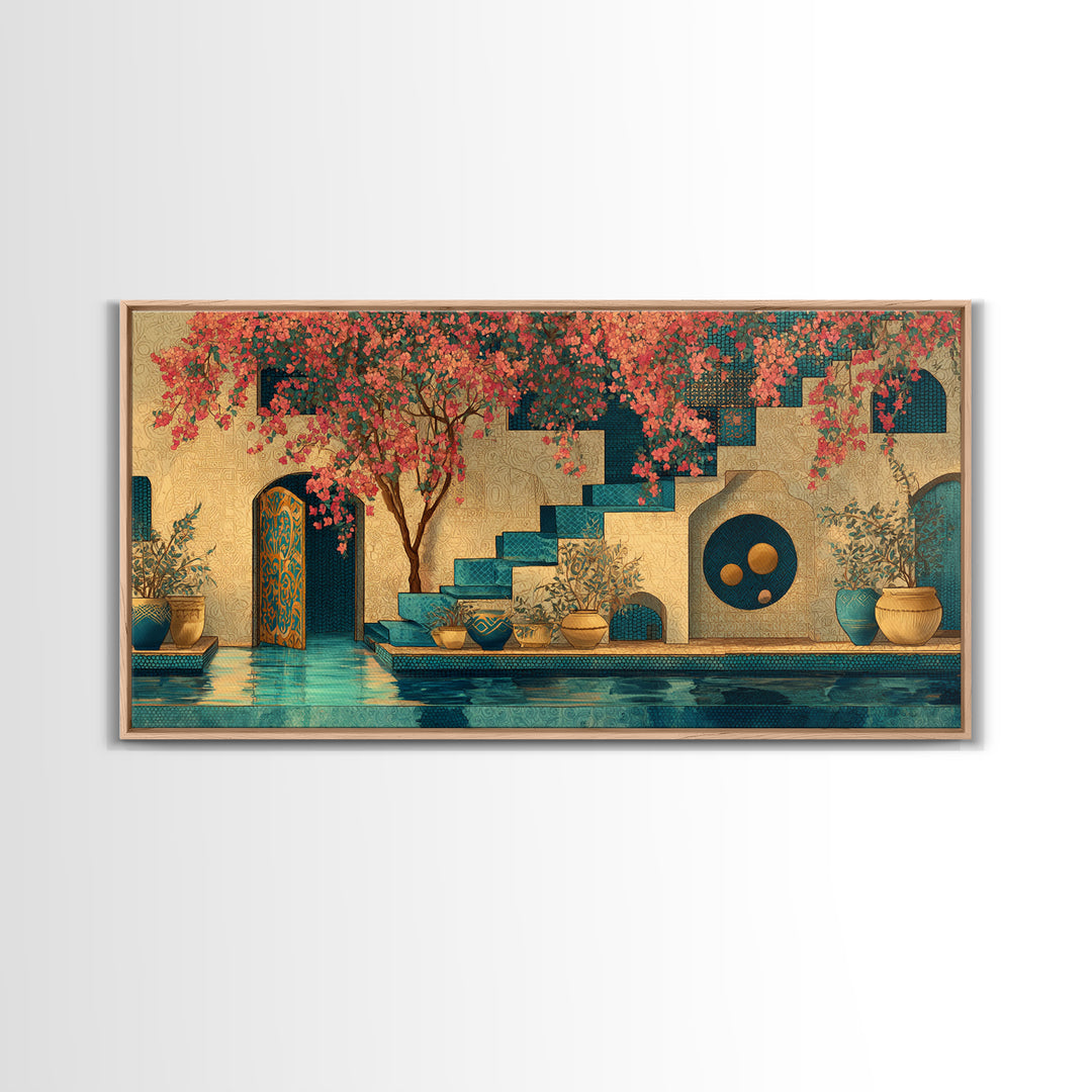 Bougainvillea Cascading over Stone Wall Framed Canvas Print, Mediterranean Art, Art Print, Living Room Decor, Fine Art, Azure, MAR-2x1-1