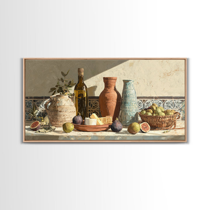 Figs Olives and Cheese Still Life Framed Canvas Print, Mediterranean Art, Minimalist Wall Art, Living Room Decor, Azure, MAR-2x1-100
