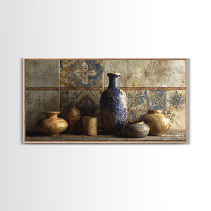 Spanish Tile Ornament Framed Canvas Print, Mediterranean Art, Luxury Decor, Living Room Decor, Fine Art, Azure, Framed Wall Art, MAR-2x1-12