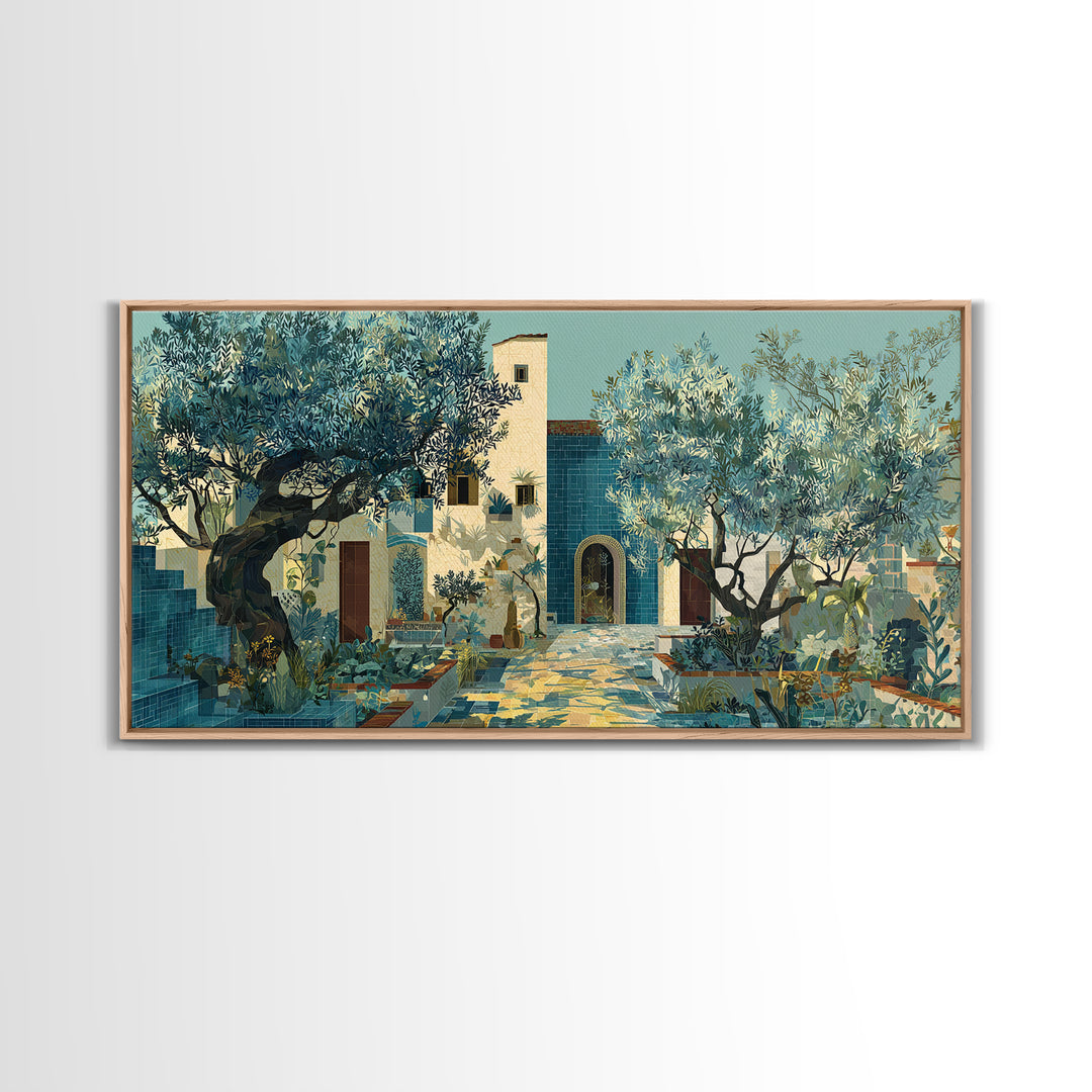 Olive Grove under Pale Morning Light Framed Canvas Print, Mediterranean Art, Boho Decor, Living Room Decor, Fine Art, Azure, MAR-2x1-13