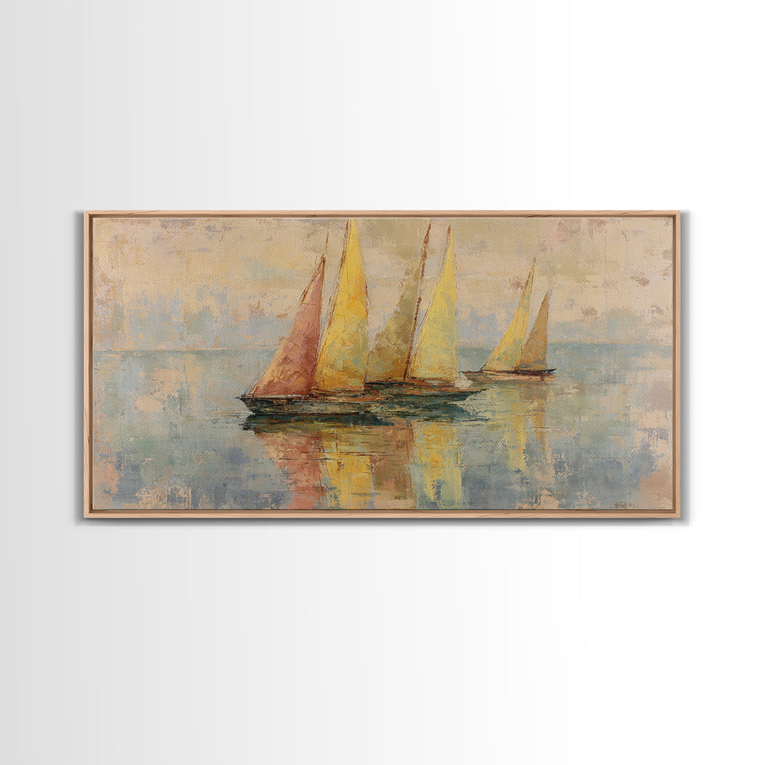 Mediterranean Sailboat on Glassy Water Framed Canvas Print, Mediterranean Art, Travel Poster, Living Room Decor, Watercolor Art, MAR-2x1-14