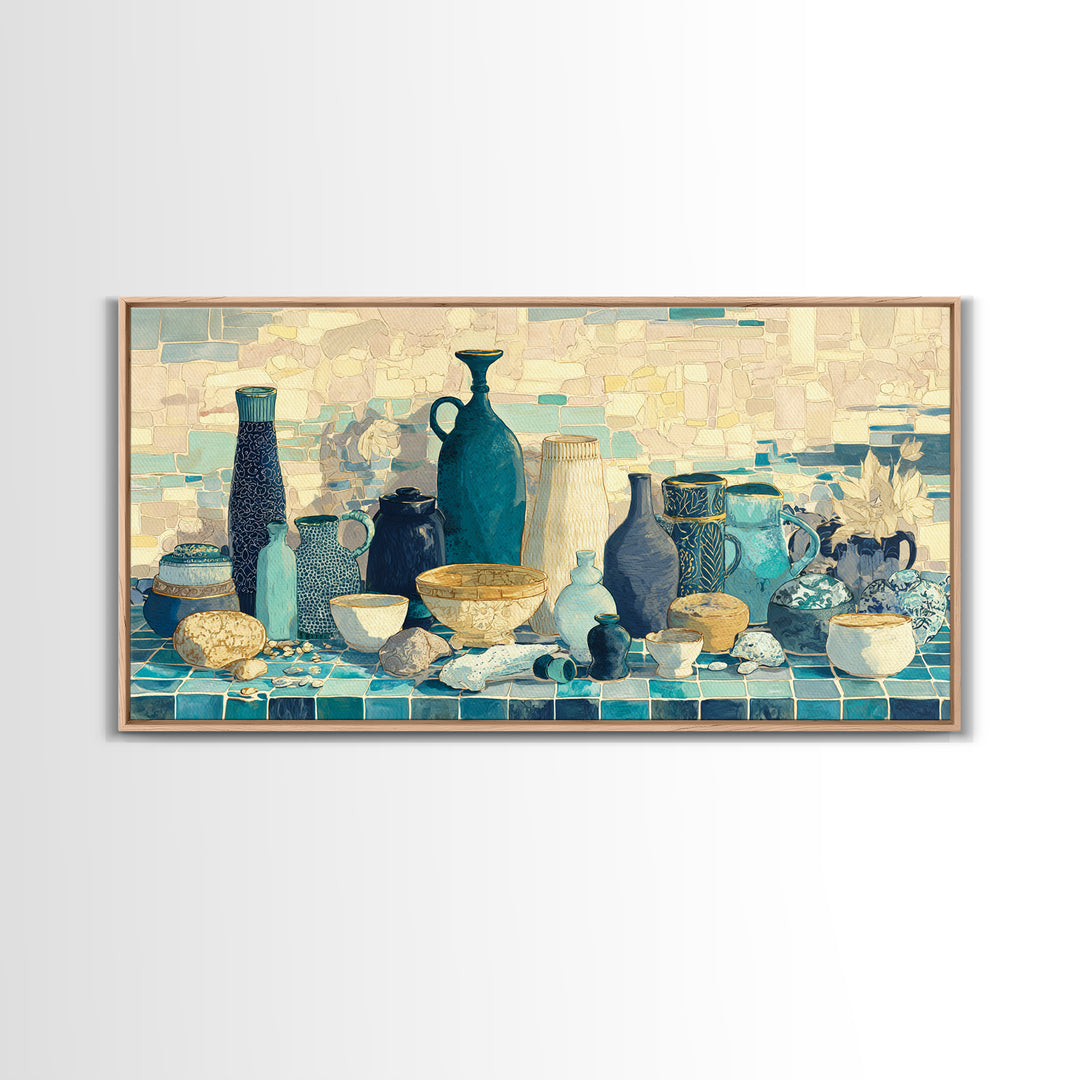 Coastal Cliffs with Sparkling Blue Water Framed Canvas Print, Mediterranean Art, Modern Decor, Living Room Decor, Azure, MAR-2x1-16
