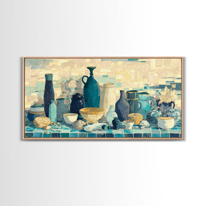 Coastal Cliffs with Sparkling Blue Water Framed Canvas Print, Mediterranean Art, Modern Decor, Living Room Decor, Azure, MAR-2x1-16
