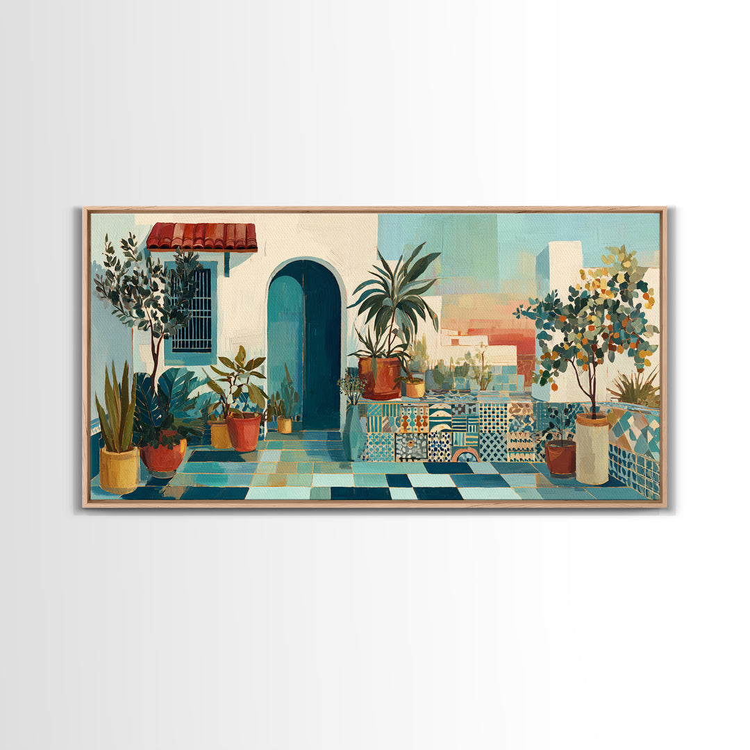 Sunset over Red Tiled Rooftops Framed Canvas Print, Mediterranean Art, Gallery Wall Art, Living Room Decor, Fine Art, Azure, MAR-2x1-19