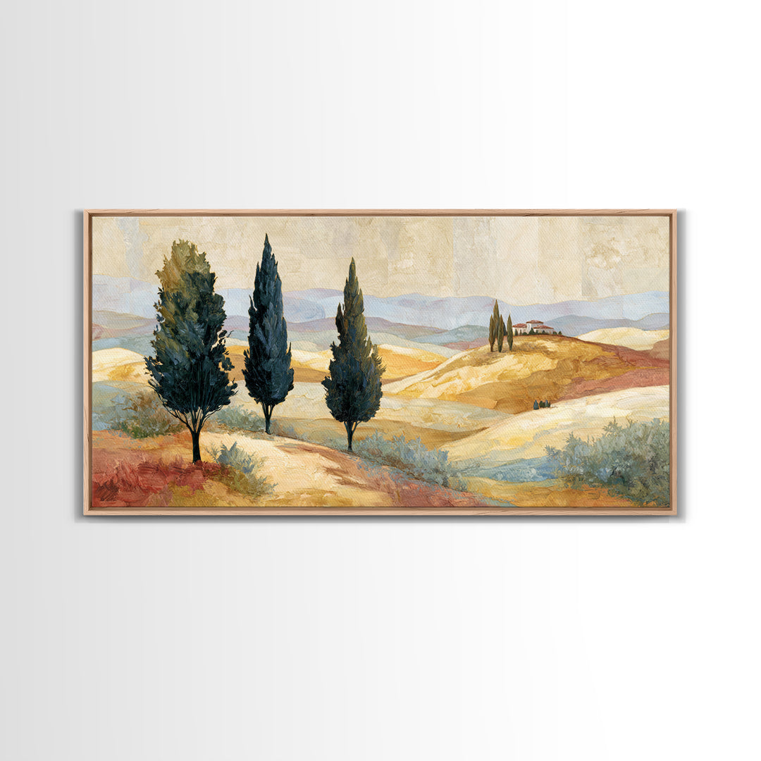 Tuscan Cypress Trees and Golden Hillside Canvas Print, Mediterranean Art, Neutral Decor, Living Room Decor, Abstract Art, Azure, MAR-2x1-2
