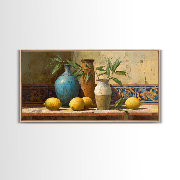 Olive Branch and Lemons on Terracotta Ground Canvas Print, Mediterranean Art, Wall Decor, Living Room Decor, Fine Art, Azure, MAR-2x1-22