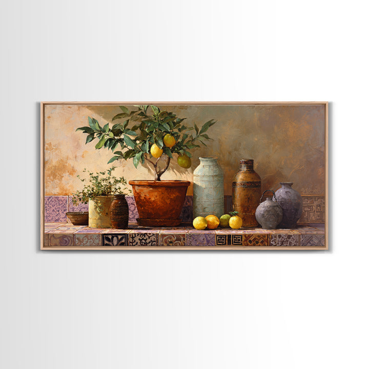 Citrus Tree in Clay Pot Framed Canvas Print, Mediterranean Art, Modern Decor, Living Room Decor, Fine Art, Azure, MAR-2x1-30