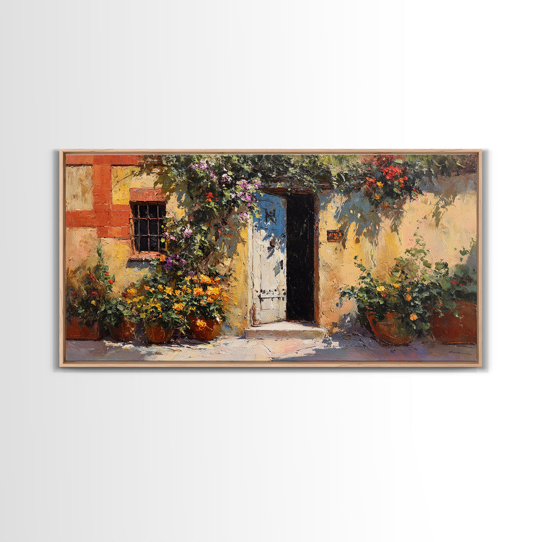 Sunlit Courtyard Doorway Canvas Print, Mediterranean Art, Large Wall Art, Living Room Decor, Azure, Digital Art Prints, MAR-2x1-31