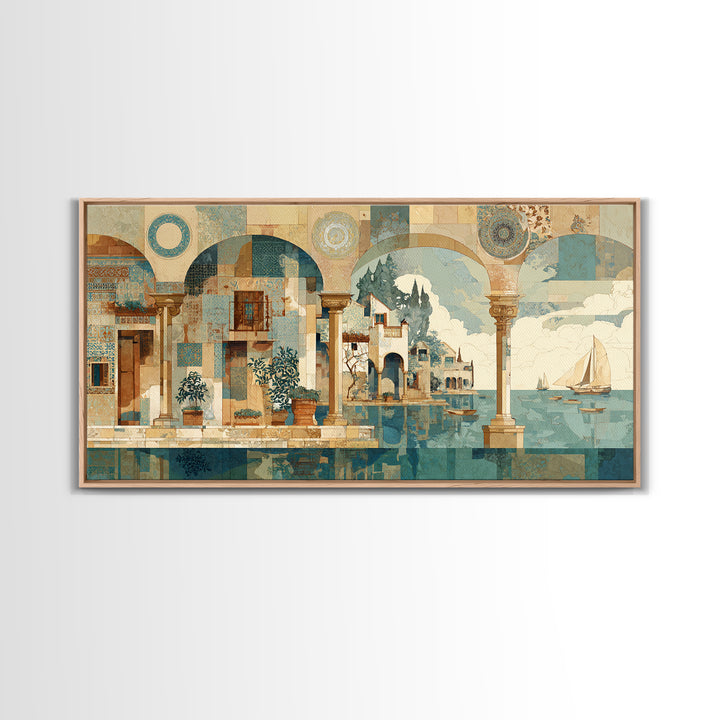 Ancient Column with Sea and Sky Beyond Canvas Print, Mediterranean Art, Minimalist Decor, Living Room Decor, Oil Painting, MAR-2x1-32