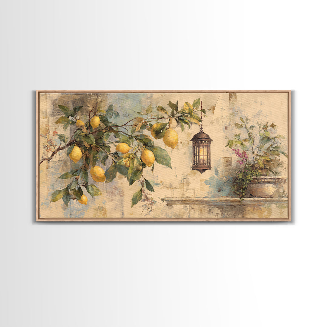 Sicilian Lemon Branch on Ivory Background Canvas Print, Mediterranean Art, Statement Artwork, Living Room Decor, Azure, MAR-2x1-33