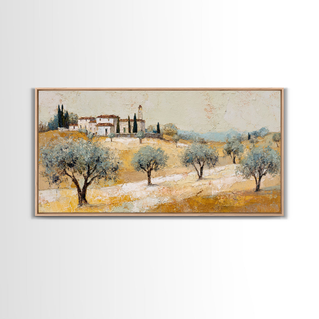 Olive Grove under Pale Morning Light Framed Canvas Print, Mediterranean Art, Boho Decor, Living Room Decor, Fine Art, Azure, MAR-2x1-37
