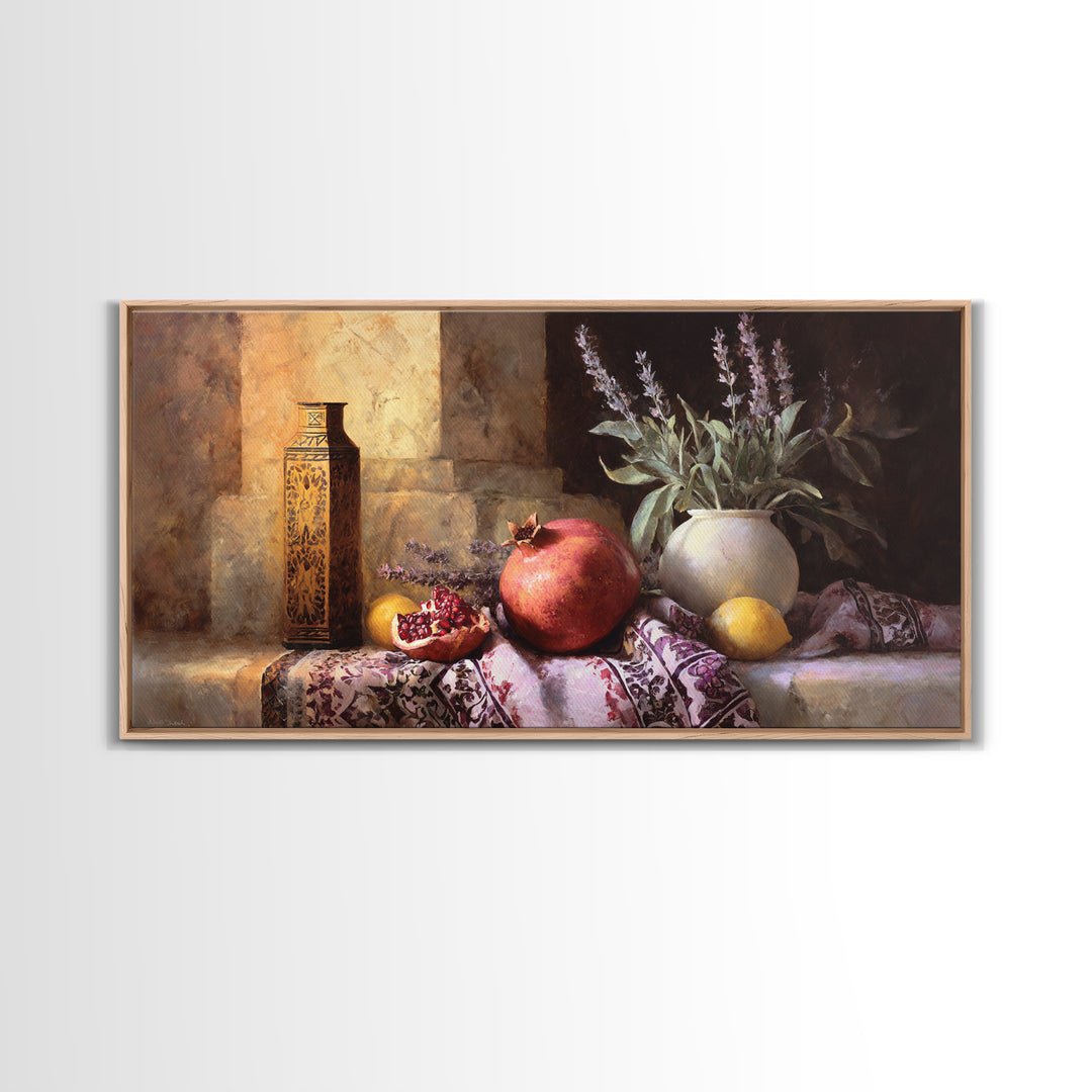 Pomegranate Still Life Canvas Print, Mediterranean Art, Living Room Decor, Oil Painting, Azure, Modern Wall Art, MAR-2x1-39