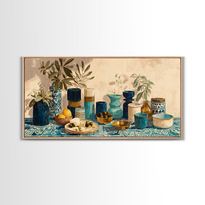 Figs Olives and Cheese Still Life Canvas Print, Mediterranean Art, Boho Decor, Living Room Decor, Azure, Digital Wall Art, MAR-2x1-4